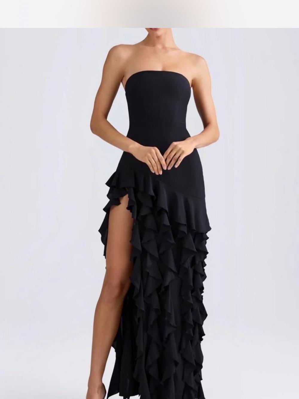 Oh Polly Black Strapless Ruffle High-Slit Gown
